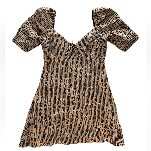 Alice & Olivia - Brown Abstract Leopard Print "Dana" Puff Sleeve Mini Dress - Picture 3 of 5